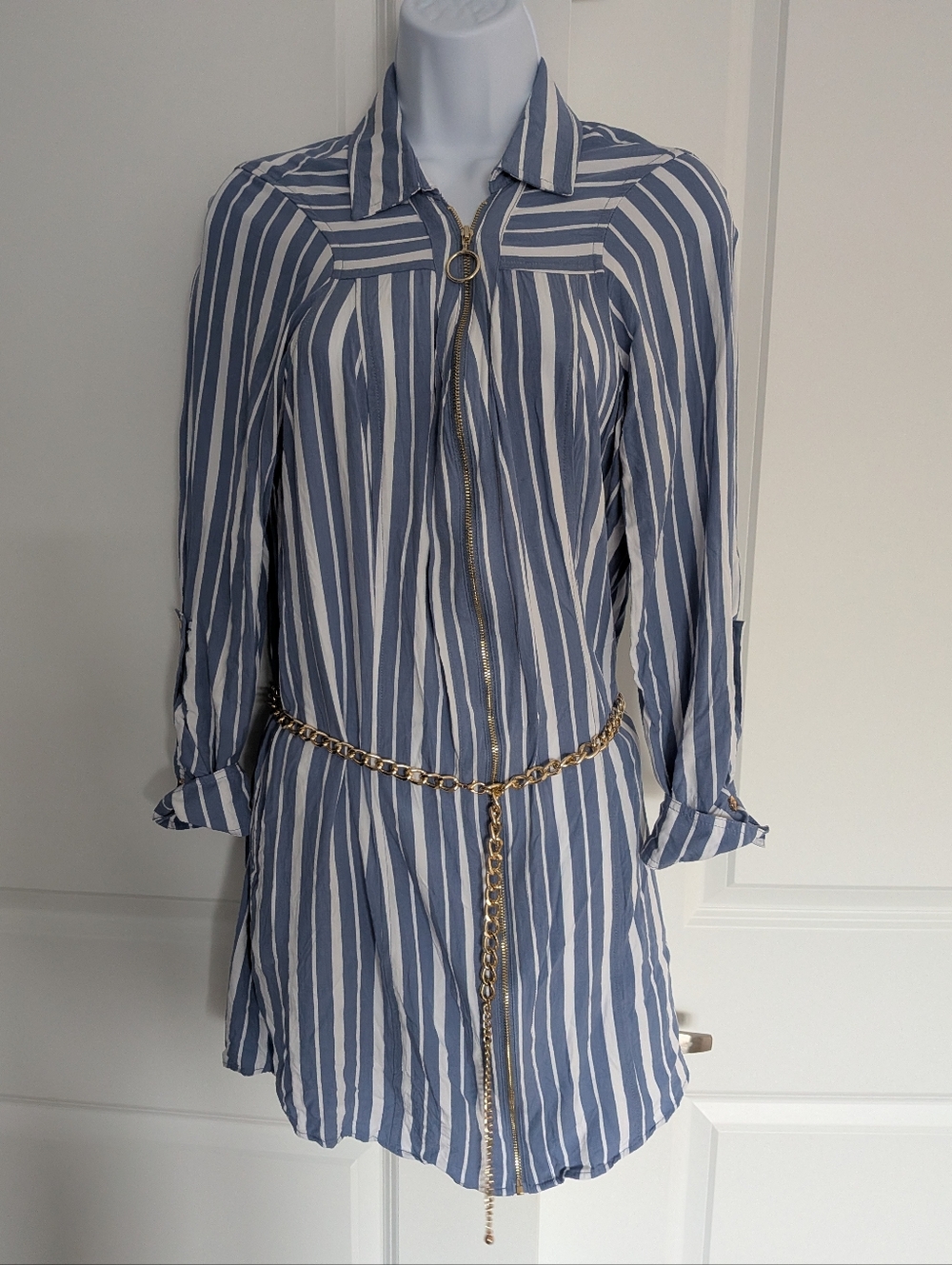 Guess Los Angeles Striped Zip Front Dress w/ Chain Belt Fits Medium